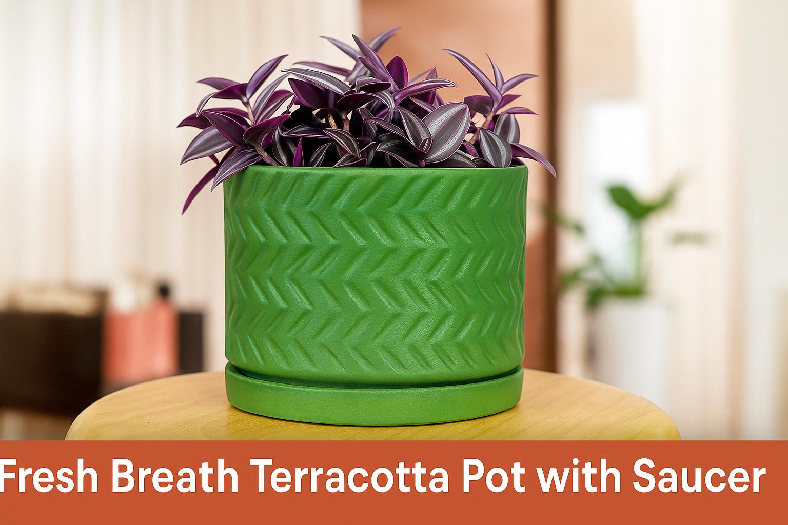 Green Fresh Breath Terracotta Pot with matching saucer and vibrant purple Tradescantia plant, displayed on a wooden stool in a bright indoor setting.
